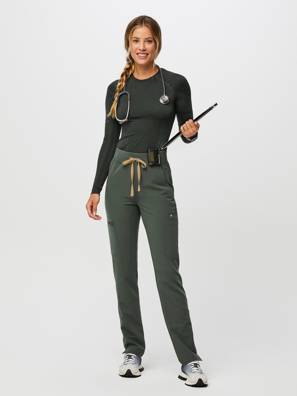 Figs Moss Green Straight-Leg Cargo Scrub Pants with Orange Drawstring